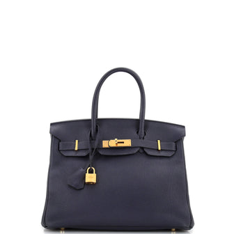 Hermes Birkin Handbag Blue Clemence with Gold Hardware 30