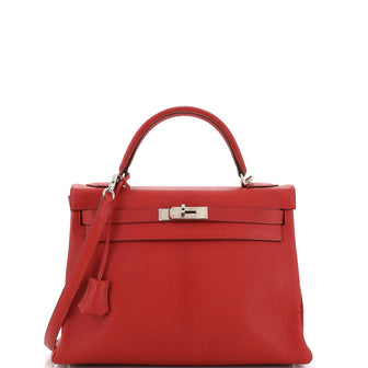 Hermes Kelly Handbag Red Chevre de Coromandel with Palladium Hardware 32