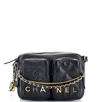 Chanel Logo Twin Pockets Chain Camera Case Quilted Calfskin Small