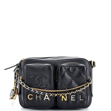 Chanel Logo Twin Pockets Chain Camera Case Quilted Calfskin Small