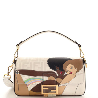 Fendi Antonio Lopez Baguette NM Bag Zucca Coated Canvas with Printed Leather Inlay Medium