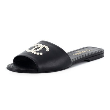 Chanel Women's CC Slide Sandals Leather with Faux Pearls