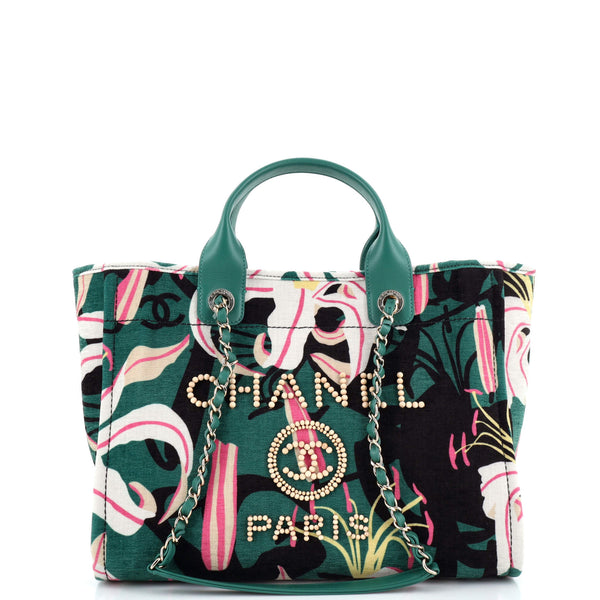 Chanel Deauville NM Tote Printed Velvet with Wooden Pearls Small
