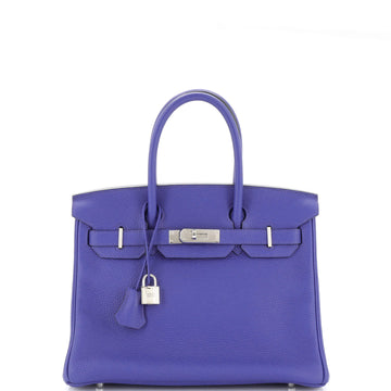 Hermes Birkin Handbag Blue Clemence with Palladium Hardware 30