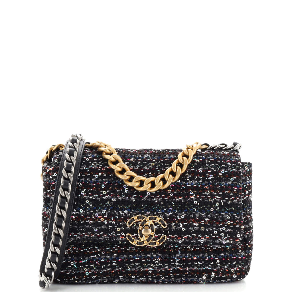 Chanel 19 Flap Bag Quilted Tweed and Sequins Medium Black