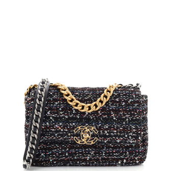 Chanel 19 Flap Bag Quilted Tweed and Sequins Medium Black 2370452