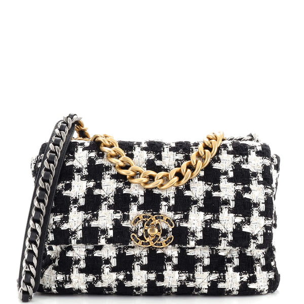 Chanel 19 Flap Bag Quilted Houndstooth Tweed and Ribbon Large Black