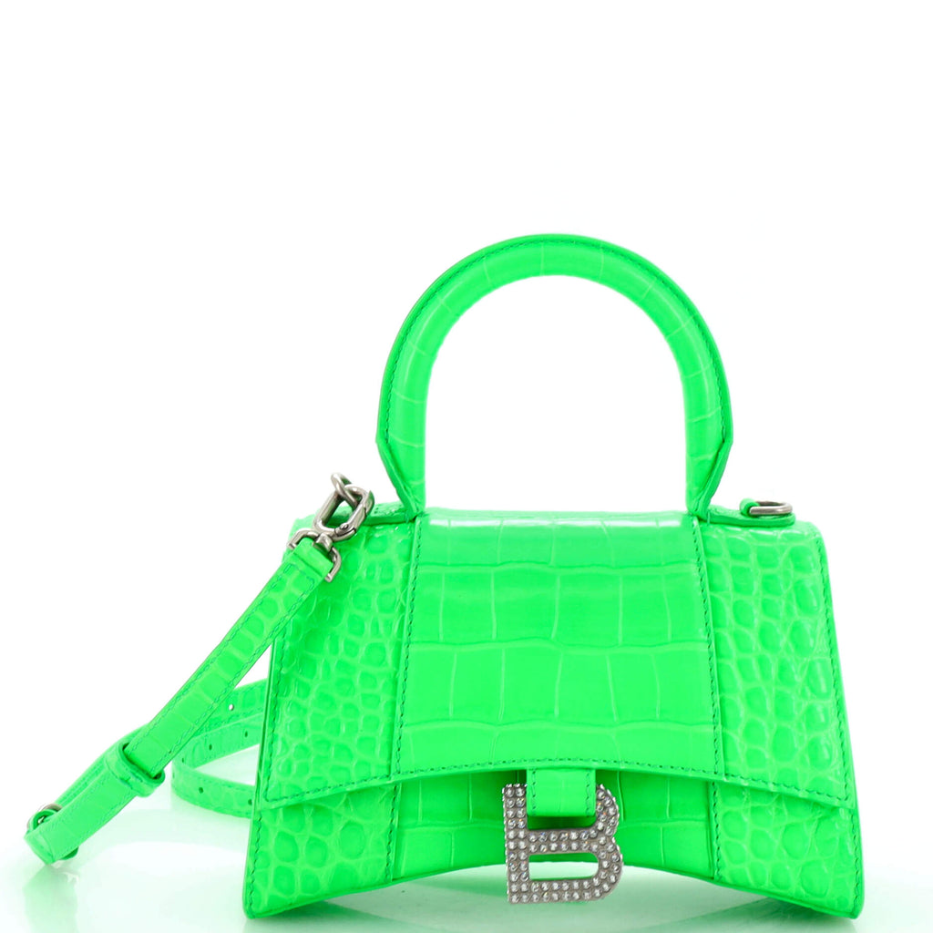 Green Balenciaga Croc Embossed Hourglass Leather Satchel XS