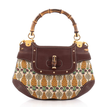 Gucci Bamboo Convertible Satchel Pigna Canvas with Studded Leather Medium Brown 2371401