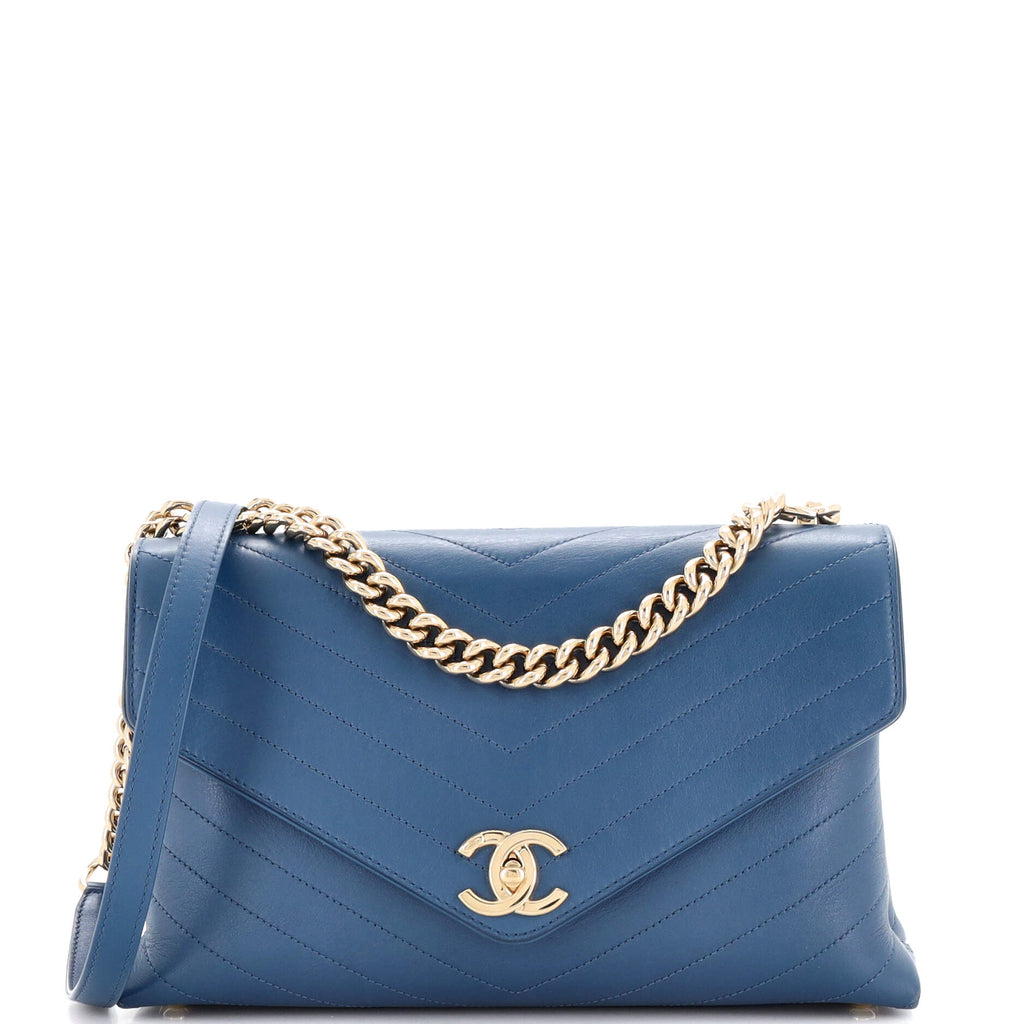 Chanel Coco Chevron Flap Bag Stitched Calfskin Medium Blue 2373332