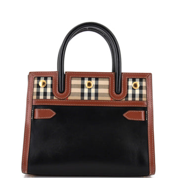Burberry Title Two Handle Tote Leather with Vintage Check Canvas Mini