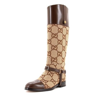 Gucci Women's Zelda Harness Cap Toe Riding Boots Jumbo GG Canvas with Leather