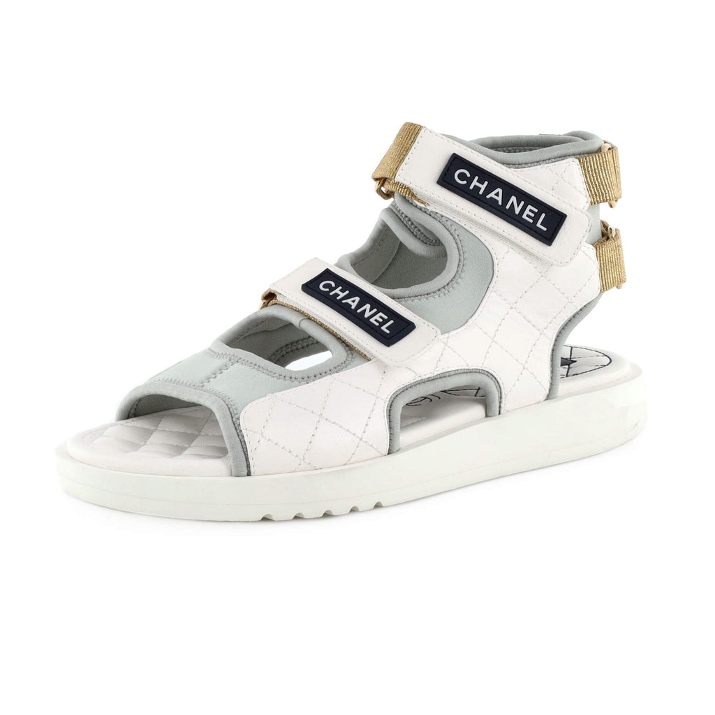 Chanel Women's Logo Gladiator Sandals Quilted Leather and Fabric White  2377551