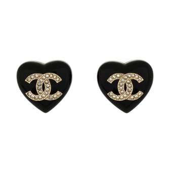 Chanel CC Heart Stud Earrings Resin with Crystals
