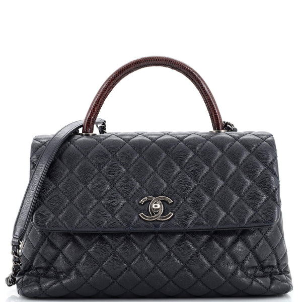 Chanel Coco Top Handle Bag Quilted Caviar with Lizard Medium Blue