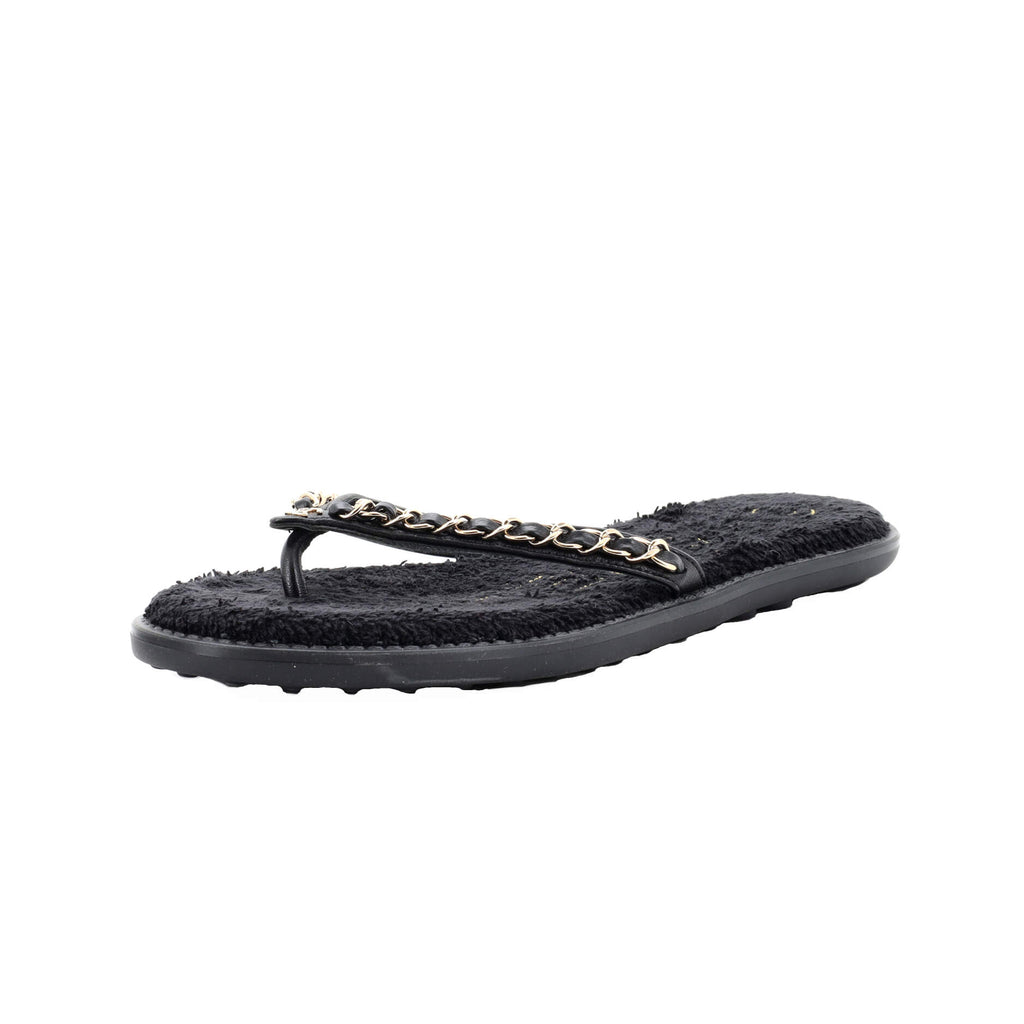 Chanel Women's CC Chain Flip Flop Sandals Leather Black 2380482