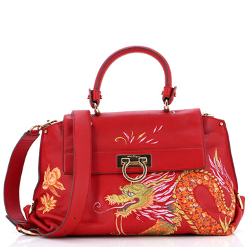 Salvatore Ferragamo Sofia Satchel Embroidered Leather Medium