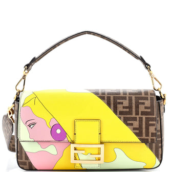 Fendi Antonio Lopez Baguette NM Bag Zucca Coated Canvas with Printed Leather Inlay Medium