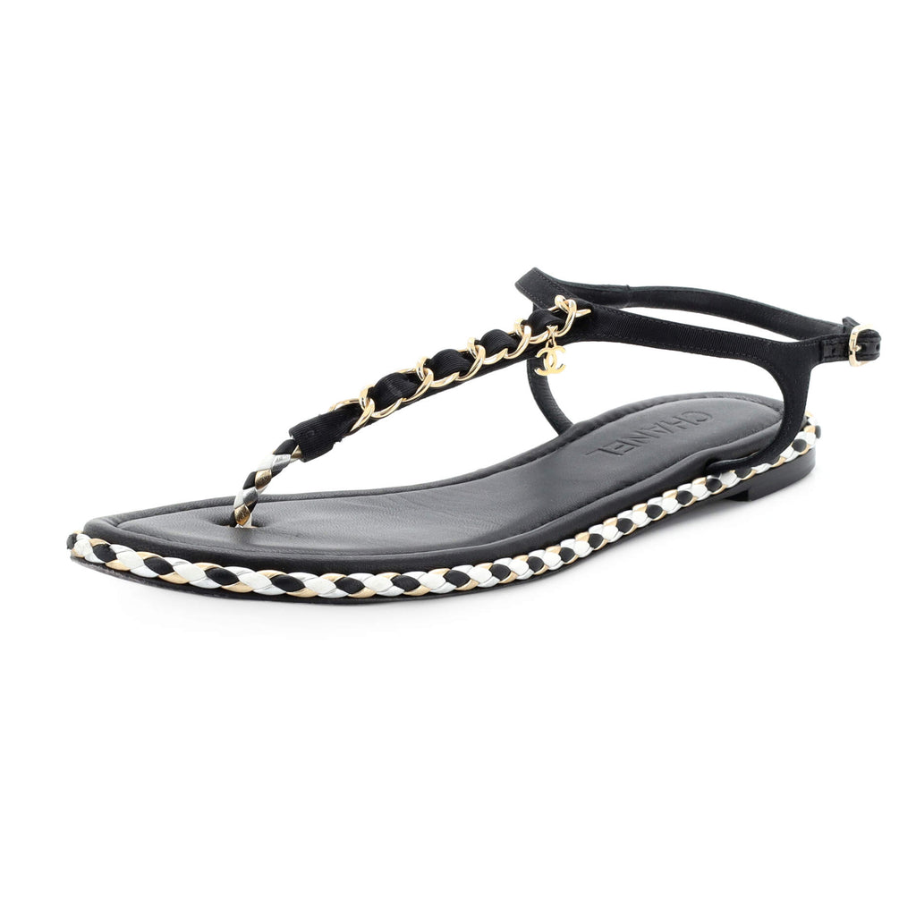Chanel Women's CC Chain Thong Sandals Leather Black 2383681