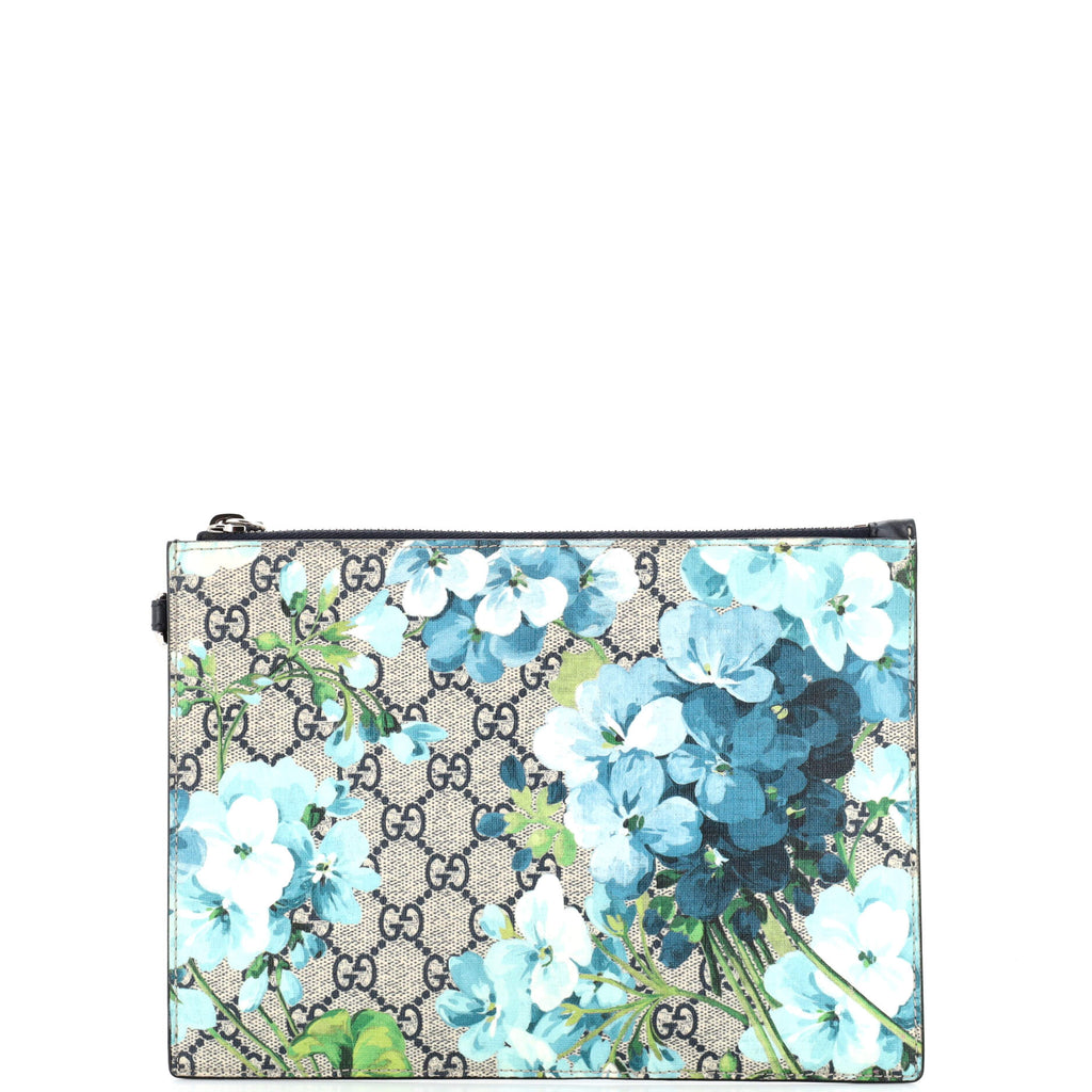 Gucci Wristlet Zip Pouch Blooms Print GG Coated Canvas Small Blue 2384511