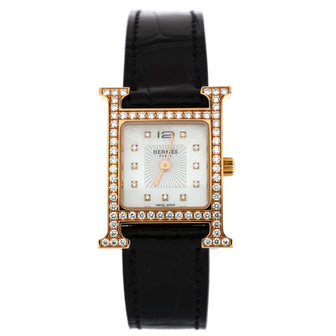 Hermes Heure H Quartz Watch Rose Gold and Alligator with Diamond Bezel and Markers and Mother of Pearl 21