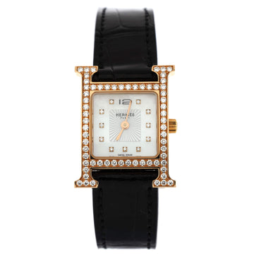 Hermes Heure H Quartz Watch Rose Gold and Alligator with Diamond Bezel and Markers and Mother of Pearl 21