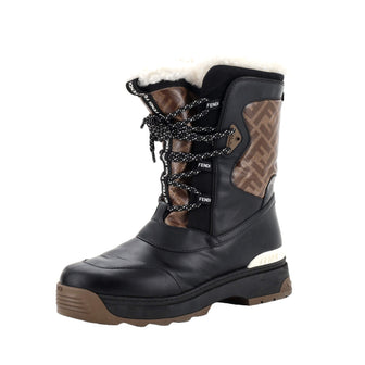 Fendi Women's T-Rex Lace Up Short Snow Boots Leather with Shearling and Zucca Coated Canvas