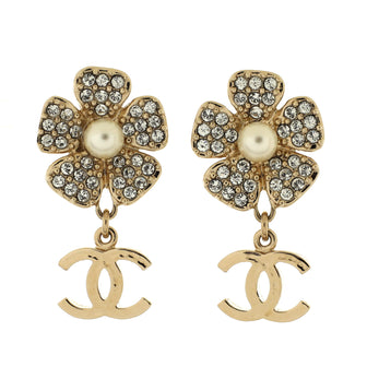 Chanel CC Flower Dangle Earrings Metal with Crystals and Faux Pearls