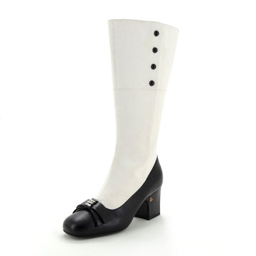 Gucci Women's Malaga Kid Knee High Bow Boots Suede with Leather and Crystals