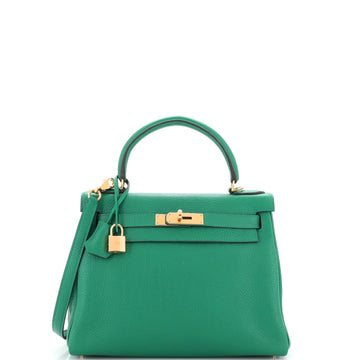 Hermes Kelly Handbag Green Clemence with Gold Hardware 28
