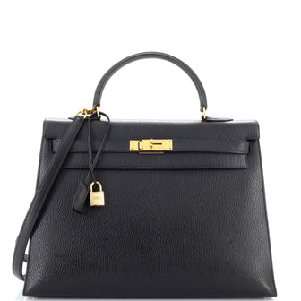 Hermes Kelly Handbag Black Ardennes with Gold Hardware 35