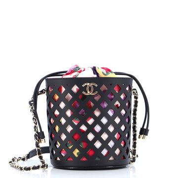 Chanel See Through Drawstring Bucket Bag Perforated Leather with Quilted Printed Canvas Small