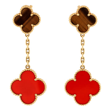Van Cleef & Arpels Magic Alhambra 2 Motifs Drop Earrings 18K Yellow Gold with Tiger's Eye and Carnelian