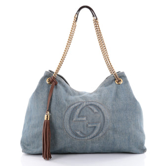 Gucci Soho Shoulder Bag Chain Strap Denim Large Blue 2392701