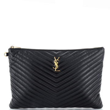 Saint Laurent Classic Monogram Wristlet Pouch Matelasse Chevron Leather Large