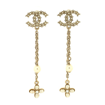Chanel CC Flower Drop Earrings Metal with Crystals and Faux Pearls