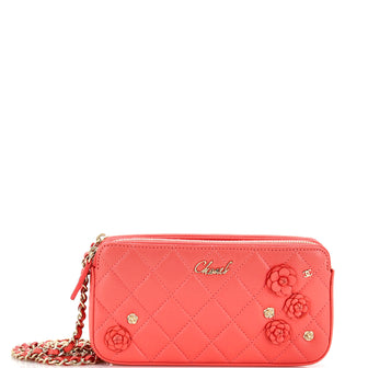 Chanel Double Zip Clutch with Chain Camellia Embellished Lambskin