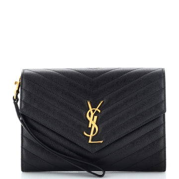 Saint Laurent Classic Monogram Envelope Wristlet Clutch Matelasse Chevron Leather