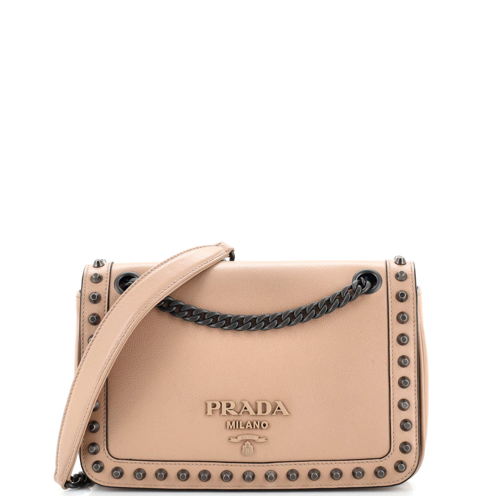Prada Chain Flap Bag Studded Glace Calf Small Neutral 24001317