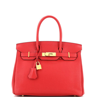 Hermes Birkin Handbag Red Clemence with Gold Hardware 30