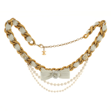 Chanel Camellia Bow Multistrand Chain Belt Leather with Metal and Faux Pearls