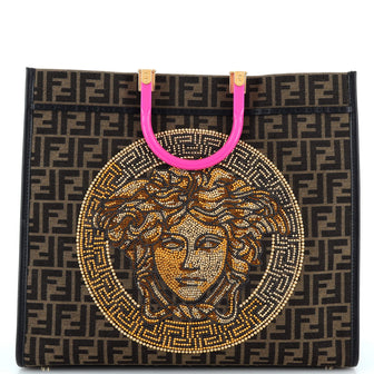 Versace x Fendi Fendace Sunshine Shopper Tote Embellished Zucca Jacquard Large