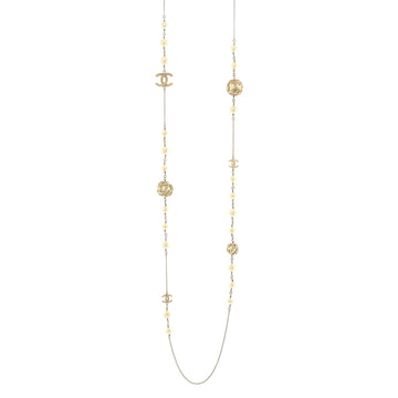 Chanel CC Ball Station Long Necklace Metal with Faux Pearls