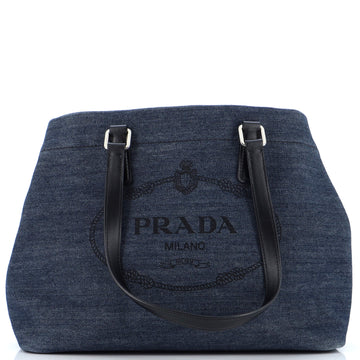 Prada Logo Open Tote Denim with Leather Medium