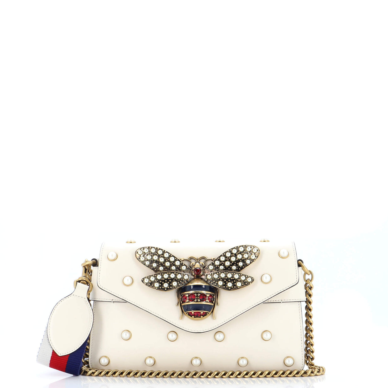 Gucci Broadway Pearly Bee Shoulder Bag Embellished Leather Mini White