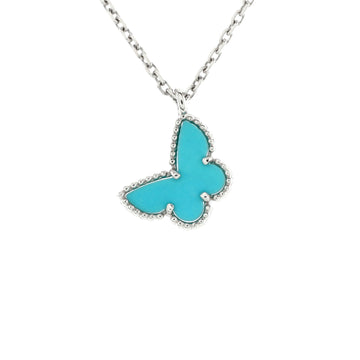 Van Cleef & Arpels Sweet Alhambra Butterfly Pendant Necklace 18K White Gold with Turquoise