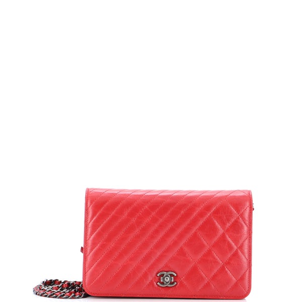 Chanel Coco Boy Wallet on Chain Quilted Aged Calfskin Red