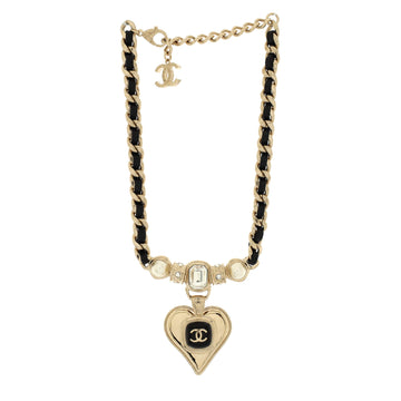 Chanel CC Heart Drop Pendant Necklace Metal with Leather and Crystal