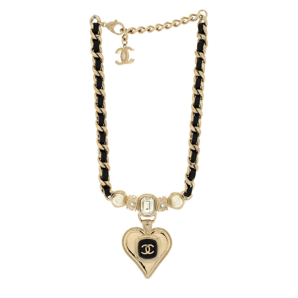 Chanel CC Heart Drop Pendant Necklace Black