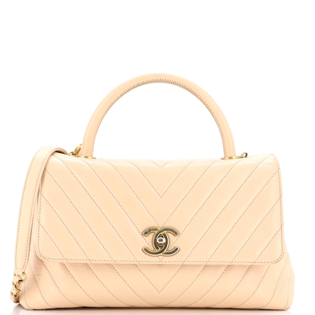 CHANEL Calfskin Chevron Quilted Small Coco Handle Flap Light Beige 297710